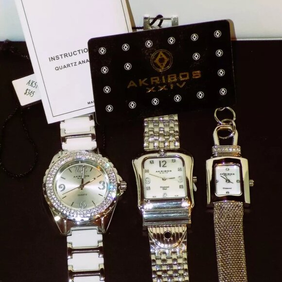 New $1335 Tags Akribos XXIV Women's 3 Watches Box Set Diamonds AK510 AK528 AK514 - Picture 8 of 12